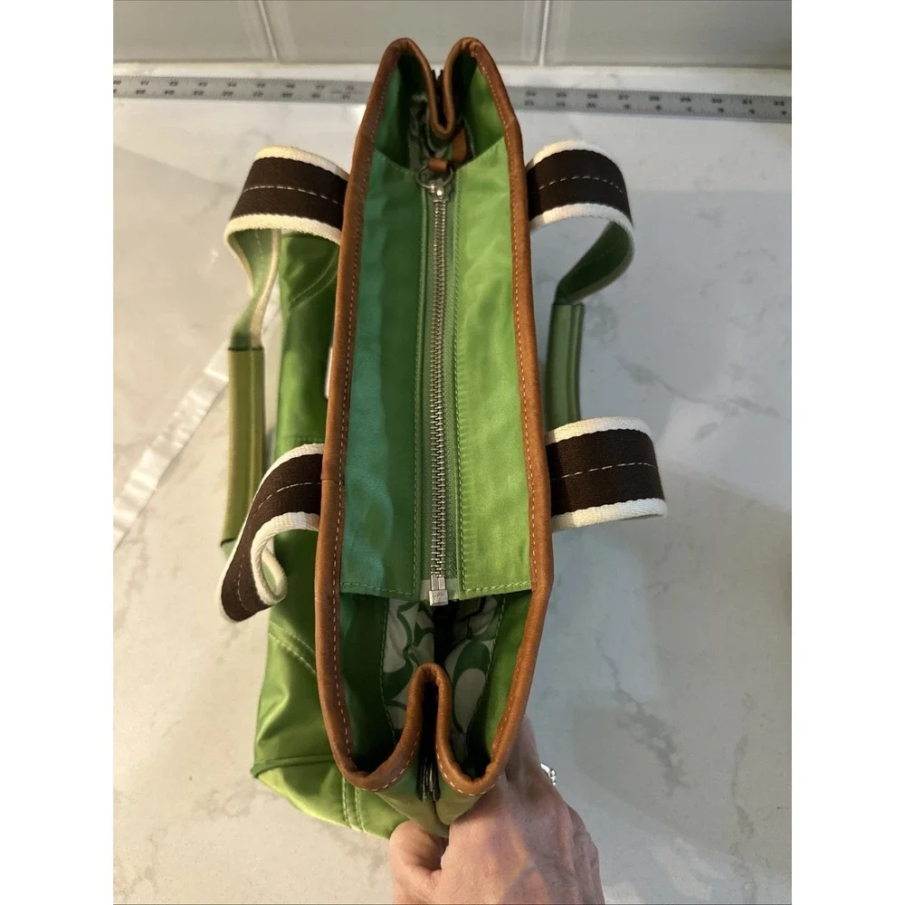 Coach Hampton Green Sateen Nylon Tote Bag Leather Trim Canvas Handles W Charm